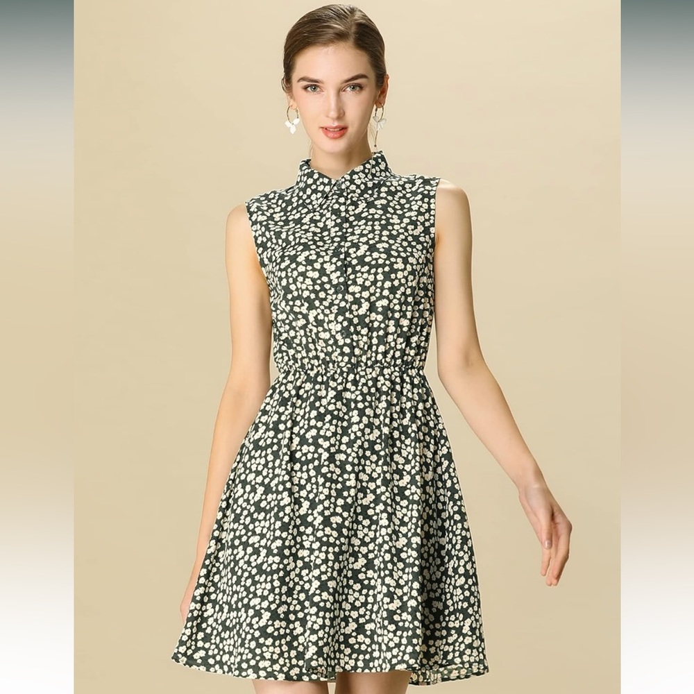 Allegra K Button Up Shirt Dress Forest Green with White Floral Pattern XL